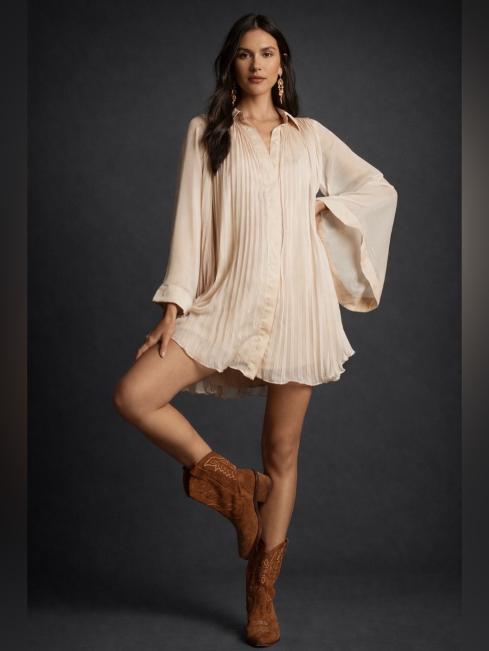 Anthropologie Maeve Ethereal Dress Pleated Bell Flare Sleeve